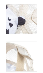 Detailed view of cow print fabric mesh panels and adjustable velcro strap for the sun hat