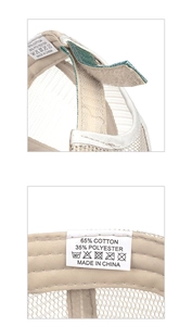 Detail of adjustable velcro closure and fabric care label on women mesh baseball cap