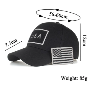 Black canvas USA baseball cap with flag patch embroidery, adjustable size 56-60cm