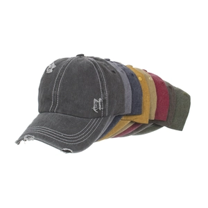 Vintage washed cotton baseball caps with distressed ripped holes and contrast stitching in 8 colors