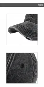 Close-up of washed distressed cotton baseball cap showing frayed brim and stitching details