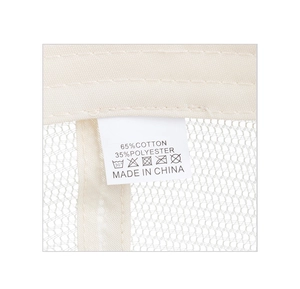 Detail view of the baseball cap inner lining showing 65% cotton and 35% polyester tag