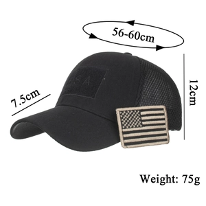 Unisex black USA flag baseball cap with breathable mesh and adjustable strap measurements