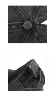 Detail of washed cotton baseball cap with adjustable strap and stitching texture