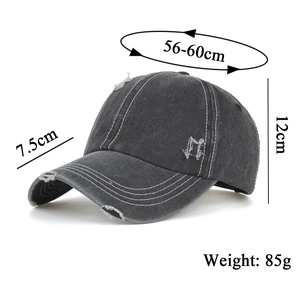 Vintage washed distressed baseball cap in dark grey with contrast stitching and ripped details