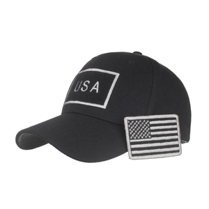 Black USA baseball cap featuring side American flag patch and front embroidery