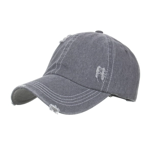 Distressed dark grey washed cotton baseball cap with ripped details and white stitching