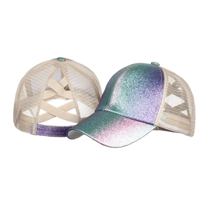 Glitter gradient ponytail baseball hat with criss-cross elastic bands and mesh back