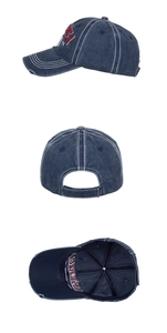 Detail view of washed denim baseball cap with USA embroidery and metal buckle strap