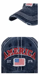 Macro detail of distressed washed denim cap with America embroidery and flag patch