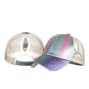 Women's gradient glitter mesh baseball cap with high ponytail hole in purple and pink