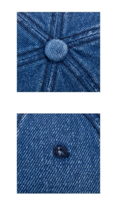 Dettaglio del bottone superiore e degli occhielli ricamati sul cappello di jeans blu