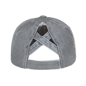Dark grey washed cotton ponytail baseball cap with crisscross elastic bands and velcro closure
