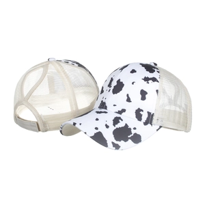 Cow print ponytail baseball cap with crisscross elastic bands and mesh back for women