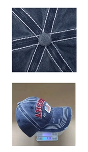 Close-up of vintage blue denim baseball cap showing embroidery detail and weight on a scale