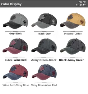 Detail view of washed cotton baseball caps with embroidered maple leaf and Canada text