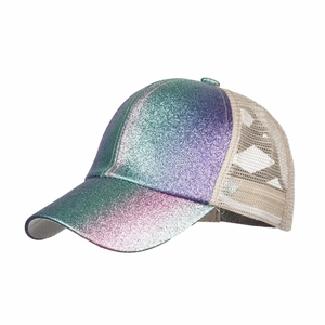 Women's gradient sequin ponytail baseball cap with glitter finish and mesh back design