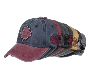 Multiple colors of washed cotton baseball caps with Canada maple leaf embroidery detail