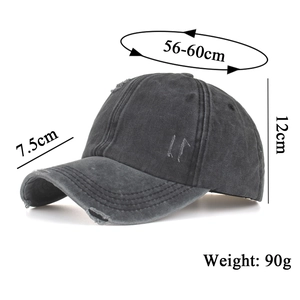 Distressed dark grey ponytail baseball cap with washed denim and vintage ripped details