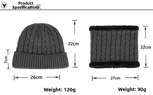 Dimensions détaillées de l'ensemble bonnet et tour de cou en maille torsadée gris foncé