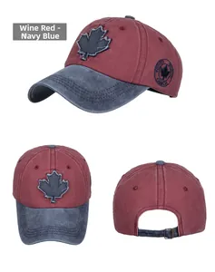 Detail view of washed cotton baseball cap with maple leaf patch and side CANADA badge