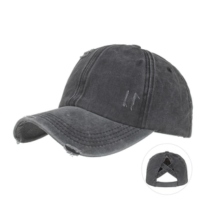 Distressed washed cotton ponytail baseball cap with elastic criss-cross back in dark grey