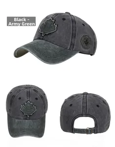 Detail views of washed cotton maple leaf baseball cap with Canada side embroidery and metal buckle