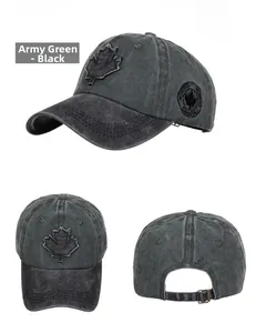 Detailed views of army green and black cotton baseball cap with maple leaf and Canada patch