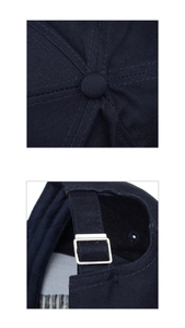 Vue détaillée de la boucle en métal et du bouton sur cette casquette en coton bleu foncé