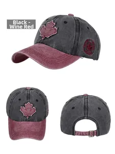 Detail view of washed cotton baseball cap with Canada maple leaf embroidery and metal buckle