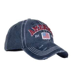 Vintage washed navy blue baseball cap with America flag embroidery and distressed brim detail