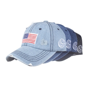 Cappellini da baseball in denim lavato con patch bandiera USA e ricami in vari toni di blu