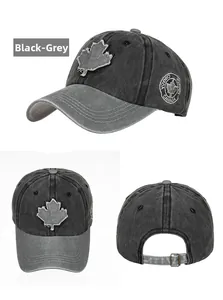 Detail view of washed cotton maple leaf baseball cap with side Canada embroidery