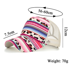 Detailed size chart for floral leopard trucker hat showing brim length and head circumference