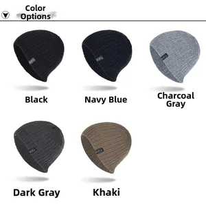 Detail view of ribbed knit beanies in black navy grey and khaki colors showing soft texture