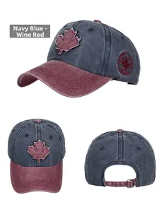 Detailed views of washed cotton baseball cap with maple leaf patch and Canada embroidery