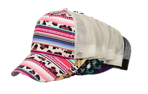 Stack of women's ponytail baseball caps featuring colorful leopard print and mesh back