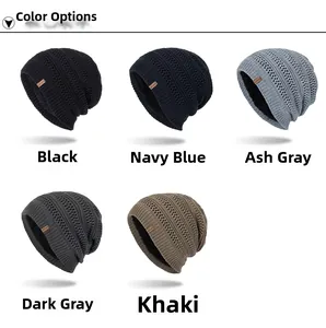 Detail showing five color options for winter knit beanies with fleece lining and leather tags