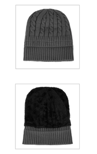 Détail du bonnet en maille gris foncé montrant la doublure polaire noire épaisse d'hiver