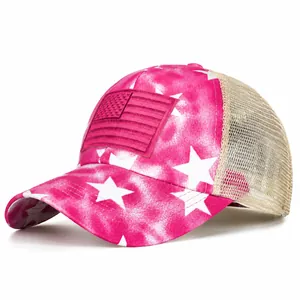 Distressed Batik Stern USA Flagge Patch Trucker Hut Netz Baseballkappe Für Damen Herren Verstellbare Criss Cross Pferdeschwanz Kappe