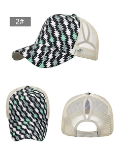 Detail view of ponytail baseball cap with geometric print and breathable mesh