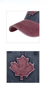 Detailed view of maple leaf patch embroidery and corduroy brim on washed cotton baseball cap
