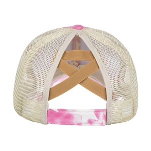 Pferdeschwanz-Trucker-Mütze mit pinkfarbenem Batikmuster und elastischem Kreuzband