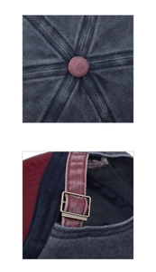 Close-up of vintage washed cotton baseball cap featuring metal buckle and contrast stitching