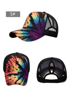 Detailed views of tie-dye ponytail baseball cap with breathable mesh and adjustable strap