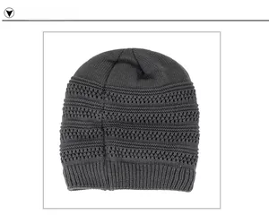 Detail of dark grey knit hat showing hollow mesh stripes and elastic ribbed texture