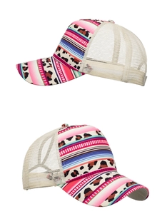 Close-up of leopard and floral print trucker hat with breathable cream mesh paneling
