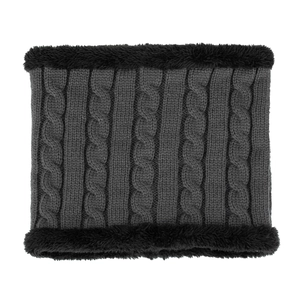 Écharpe d'hiver en tricot torsadé gris foncé avec bordure épaisse en fausse fourrure noire