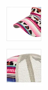 Close-up of leopard print visor with colorful stripes and breathable cream mesh texture