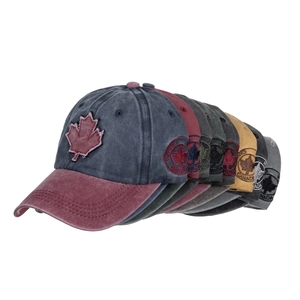 Washed cotton baseball caps with Canadian maple leaf embroidery in multiple colors